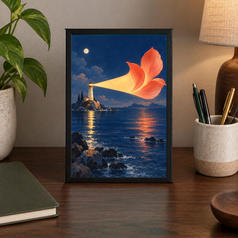 May include: A framed rectangular wall art print depicting a lighthouse on a rocky island at night. The lighthouse emits a bright orange beam of light shaped like a large flower petal, illuminating the dark blue ocean and reflecting on the water.