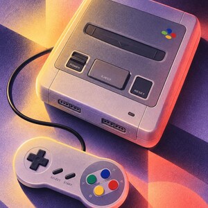 K&ouml;nnte beinhalten: Eine hellgraue Videospielkonsole mit einem Modulschacht, Power-, Eject- und Reset-Tasten sowie einem mehrfarbigen Logo. Ein angeschlossener Controller verf&uuml;gt &uuml;ber ein schwarzes Steuerkreuz, Select- und Start-Tasten sowie vier farbige Aktionstasten.