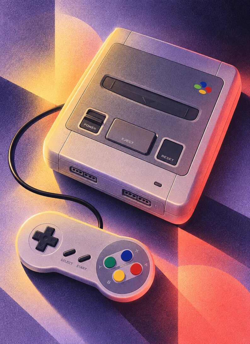 K&ouml;nnte beinhalten: Eine hellgraue Videospielkonsole mit einem Modulschacht, Power-, Eject- und Reset-Tasten sowie einem mehrfarbigen Logo. Ein angeschlossener Controller verf&uuml;gt &uuml;ber ein schwarzes Steuerkreuz, Select- und Start-Tasten sowie vier farbige Aktionstasten.