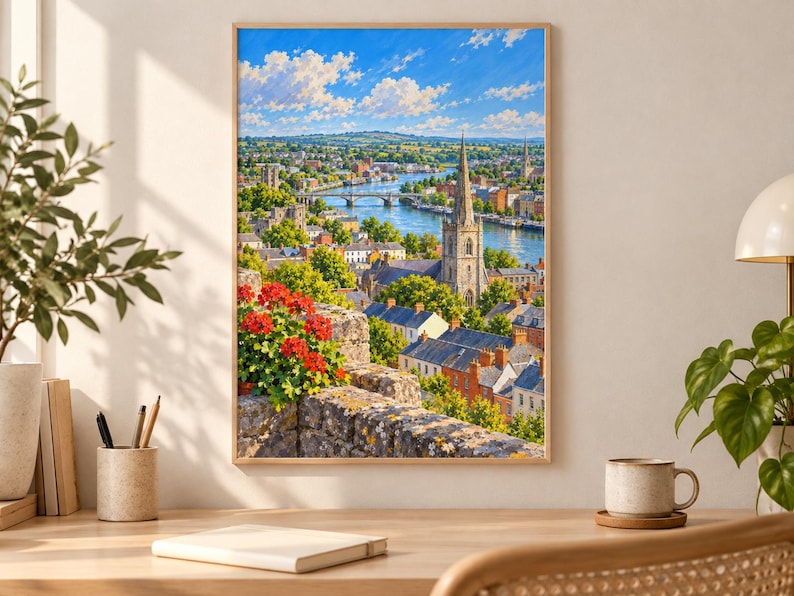 May include: A framed landscape painting depicting a town with a tall stone church spire, a river flowing under a bridge, and vibrant red flowers in the foreground. The scene is set under a bright blue sky with white clouds, capturing a scenic view.