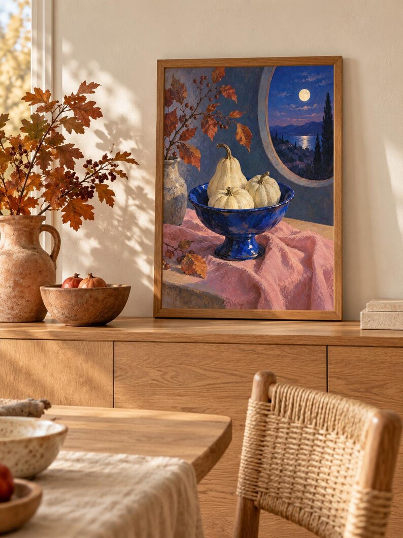 May include: A framed wall art print depicting a still life scene with three pale pumpkins in a deep blue pedestal bowl, set on a pink cloth. The background shows a circular window view of a moonlit sea, dark hills, and autumn foliage in a vase.