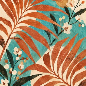 May include: A digital art print featuring large, rust-colored palm fronds layered over a textured teal blue background. The composition includes delicate white flower sprigs with small round buds and a solid gold circle representing a sun.
