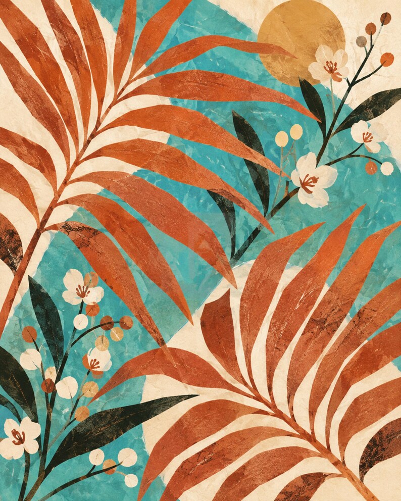 May include: A digital art print featuring large, rust-colored palm fronds layered over a textured teal blue background. The composition includes delicate white flower sprigs with small round buds and a solid gold circle representing a sun.