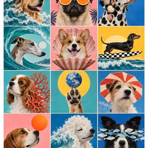 May include: A grid of twelve artistic dog portraits featuring various breeds including a golden retriever in waves, a pug with orange slices, a dalmatian with seashells, a corgi in a clam shell, a dachshund on a surfboard, and a poodle in sea foam.
