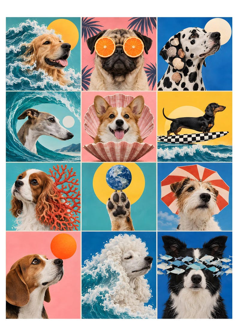 May include: A grid of twelve artistic dog portraits featuring various breeds including a golden retriever in waves, a pug with orange slices, a dalmatian with seashells, a corgi in a clam shell, a dachshund on a surfboard, and a poodle in sea foam.