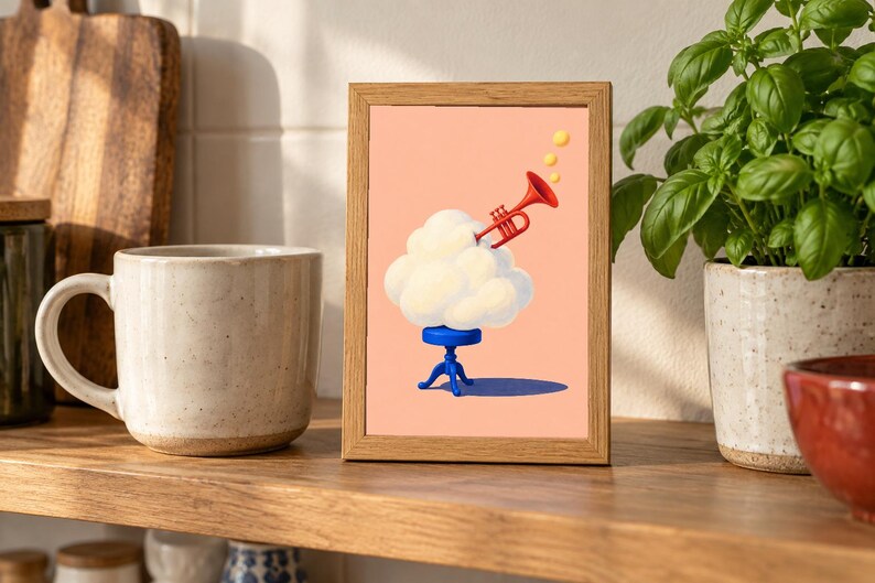 May include: A rectangular wooden frame containing a print on a peach background. The artwork depicts a white cloud resting on a small blue stool, with a red trumpet emerging from the cloud and three yellow circles floating above the trumpet.