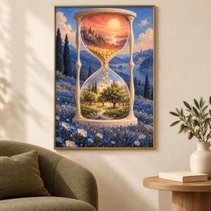 May include: A framed wall art print featuring a large hourglass centred in a landscape. The top bulb shows a sunset over a coastal village, while the bottom bulb displays a lush orchard. Grains of sand fall between the two distinct scenes.