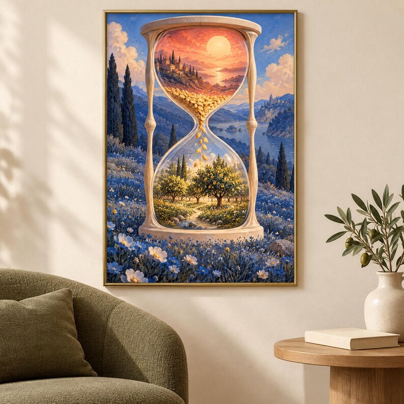May include: A framed wall art print featuring a large hourglass centred in a landscape. The top bulb shows a sunset over a coastal village, while the bottom bulb displays a lush orchard. Grains of sand fall between the two distinct scenes.