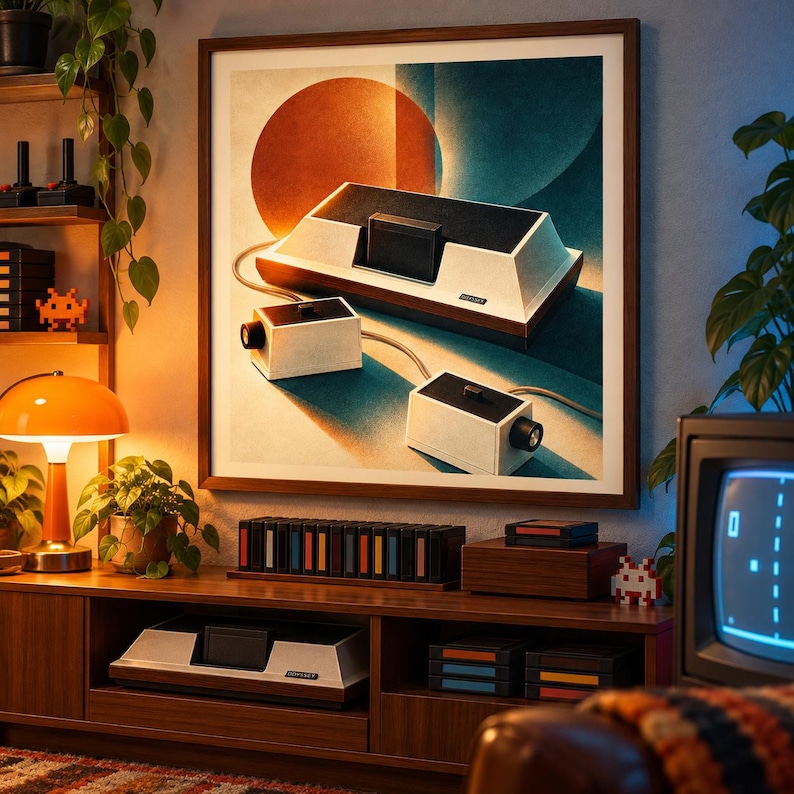 May include: A framed wall art print featuring a vintage video game console with two rectangular controllers, set against a geometric background of orange and teal circles. The console is white and black with a cartridge inserted in the centre.