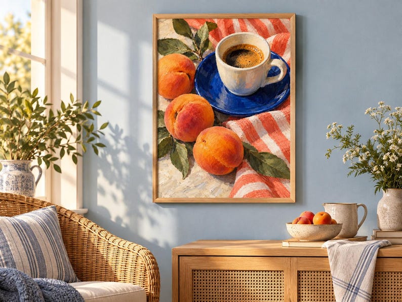 May include: A framed wall art print featuring a still life composition of three ripe orange peaches with green leaves resting on a red and white striped cloth next to a white ceramic coffee cup placed on a vibrant blue saucer.