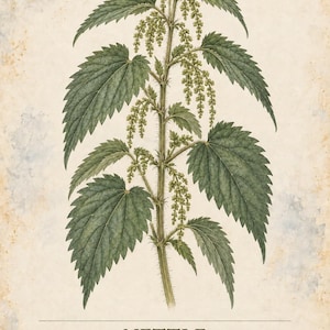Puede incluir: Una l&aacute;mina bot&aacute;nica de una planta de ortiga, Urtica dioica, con hojas verdes, dentadas y opuestas, y peque&ntilde;as flores verdosas. El texto dice: HERBARIUM MEDICINAL PLANTS 17 / 40, NETTLE, Urtica dioica, An herb with opposite, toothed leaves.