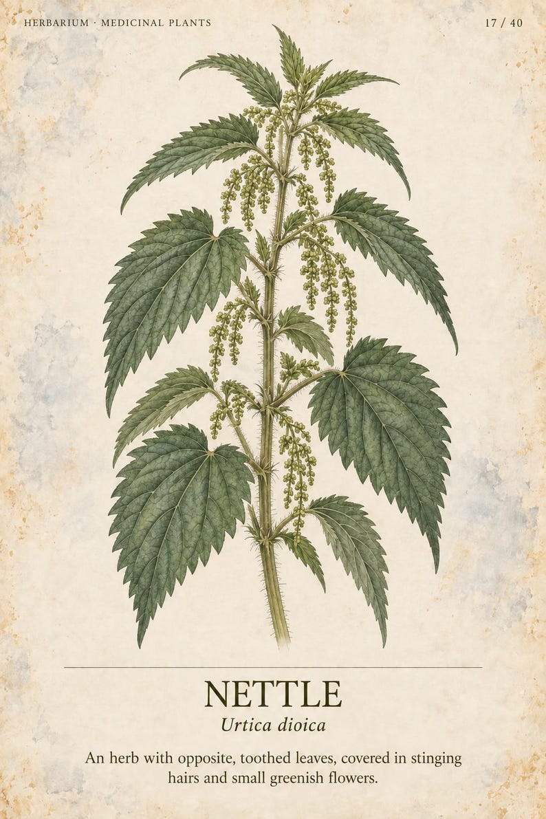 Puede incluir: Una l&aacute;mina bot&aacute;nica de una planta de ortiga, Urtica dioica, con hojas verdes, dentadas y opuestas, y peque&ntilde;as flores verdosas. El texto dice: HERBARIUM MEDICINAL PLANTS 17 / 40, NETTLE, Urtica dioica, An herb with opposite, toothed leaves.