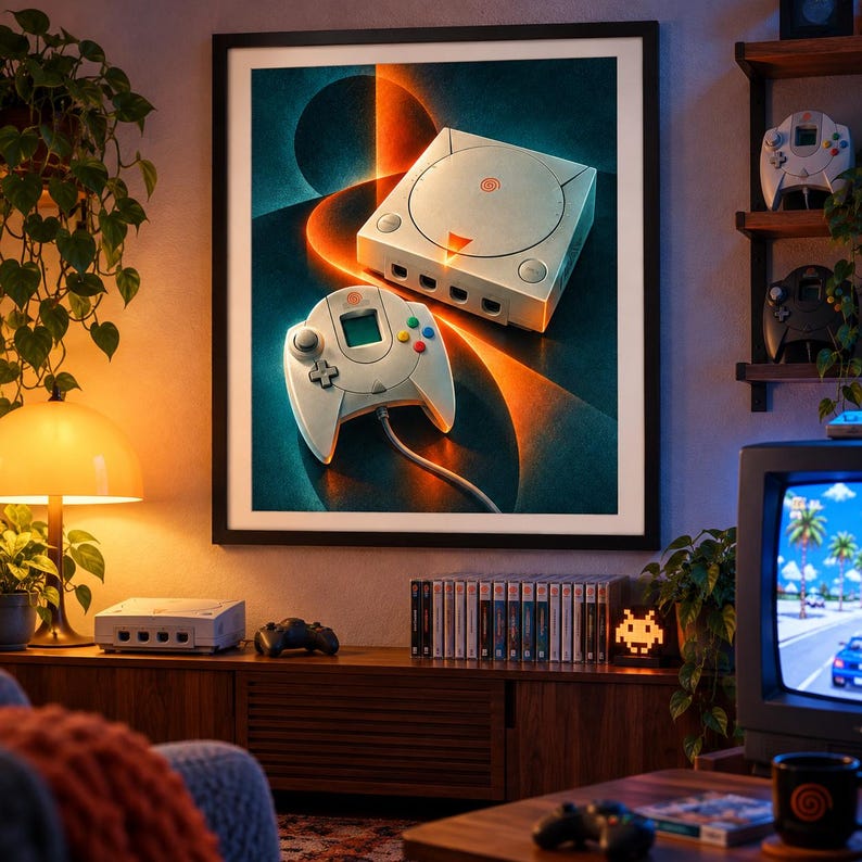 Puede incluir: Un cuadro decorativo enmarcado que muestra una consola de juegos Dreamcast blanca y un mando con cable a juego sobre un fondo verde azulado oscuro con rayas de luz naranja brillante. La consola y el mando muestran el logotipo de espiral roja.