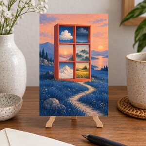 May include: A rectangular orange frame stands in a blue field, containing six distinct landscape scenes. The scenes depict a white cloud, rain, a sunset over water, misty hills, a snow-capped mountain, and a yellow field under a bright sky.