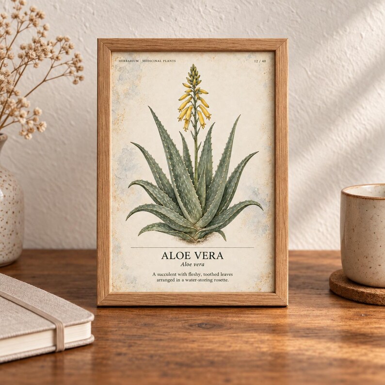 May include: A framed botanical print featuring an illustration of an aloe vera plant with green, toothed leaves and a yellow flower spike. The text reads: HERBARIUM MEDICINAL PLANTS, 12/40, ALOE VERA, Aloe vera, A succulent with fleshy, toothed leaves.