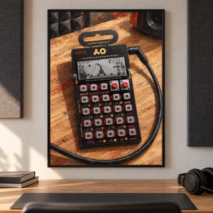 May include: A black Teenage Engineering PO-28 Robot pocket operator synthesiser featuring a monochrome LCD screen, sixteen silver buttons with red accents, and a black audio cable plugged into the top right corner, all displayed on a wooden surface.