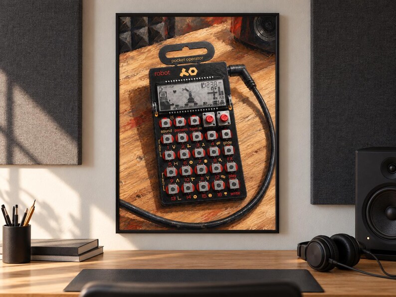 May include: A black Teenage Engineering PO-28 Robot pocket operator synthesiser featuring a monochrome LCD screen, sixteen silver buttons with red accents, and a black audio cable plugged into the top right corner, all displayed on a wooden surface.