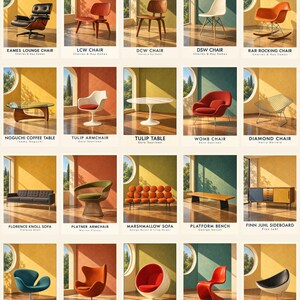 K&ouml;nnte beinhalten: Eine Sammlung von zwanzig ikonischen M&ouml;belst&uuml;cken aus der Mitte des Jahrhunderts in einem Raster, darunter der Eames Lounge Chair, der Noguchi Couchtisch, der Womb Chair, das Marshmallow Sofa und der Ball Chair, jeweils mit Name und Designer.