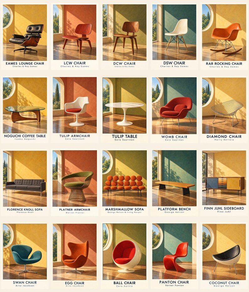 K&ouml;nnte beinhalten: Eine Sammlung von zwanzig ikonischen M&ouml;belst&uuml;cken aus der Mitte des Jahrhunderts in einem Raster, darunter der Eames Lounge Chair, der Noguchi Couchtisch, der Womb Chair, das Marshmallow Sofa und der Ball Chair, jeweils mit Name und Designer.