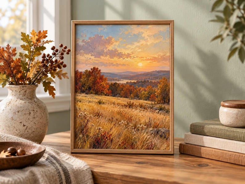 May include: A framed landscape painting depicting an autumn sunset over a rolling field of golden grass, with vibrant orange and red trees in the distance, a calm lake, and a soft, cloud-filled sky in shades of yellow, orange, and light blue.
