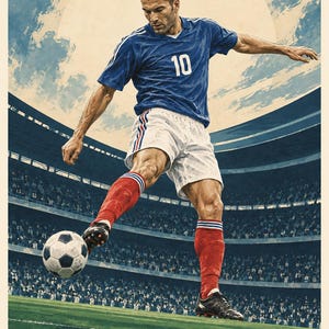 Puede incluir: Un p&oacute;ster que muestra a un futbolista con camiseta azul con el n&uacute;mero 10, pantalones cortos blancos y calcetines rojos, pateando un bal&oacute;n en un campo. El texto ZINEDINE ZIDANE FOOTBALL LEGENDS 06 aparece abajo sobre un fondo de estadio.