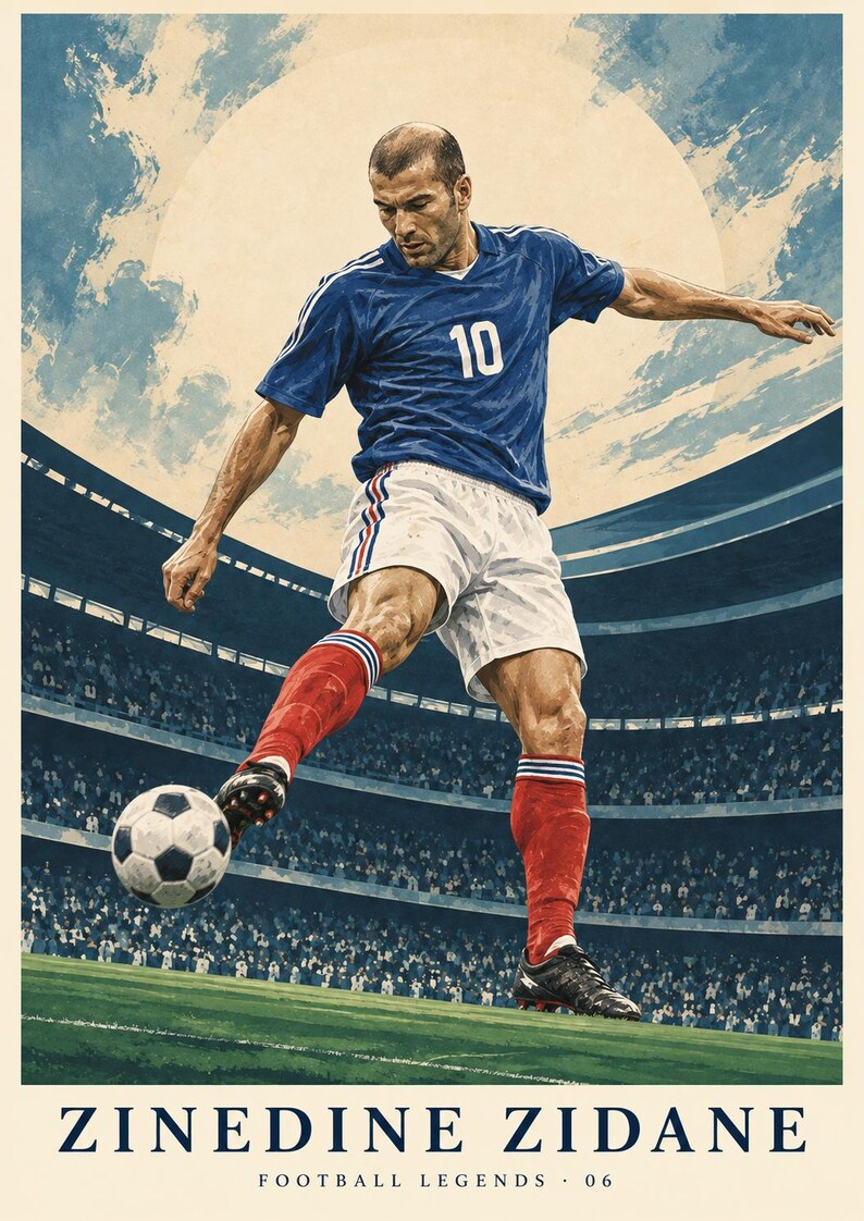 Puede incluir: Un p&oacute;ster que muestra a un futbolista con camiseta azul con el n&uacute;mero 10, pantalones cortos blancos y calcetines rojos, pateando un bal&oacute;n en un campo. El texto ZINEDINE ZIDANE FOOTBALL LEGENDS 06 aparece abajo sobre un fondo de estadio.