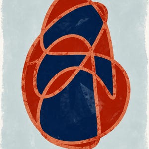 May include: A digital art print featuring an irregular, rounded shape composed of deep navy blue segments separated by a textured, burnt orange line pattern. The entire central form is set against a solid, pale gray-blue rectangular background.