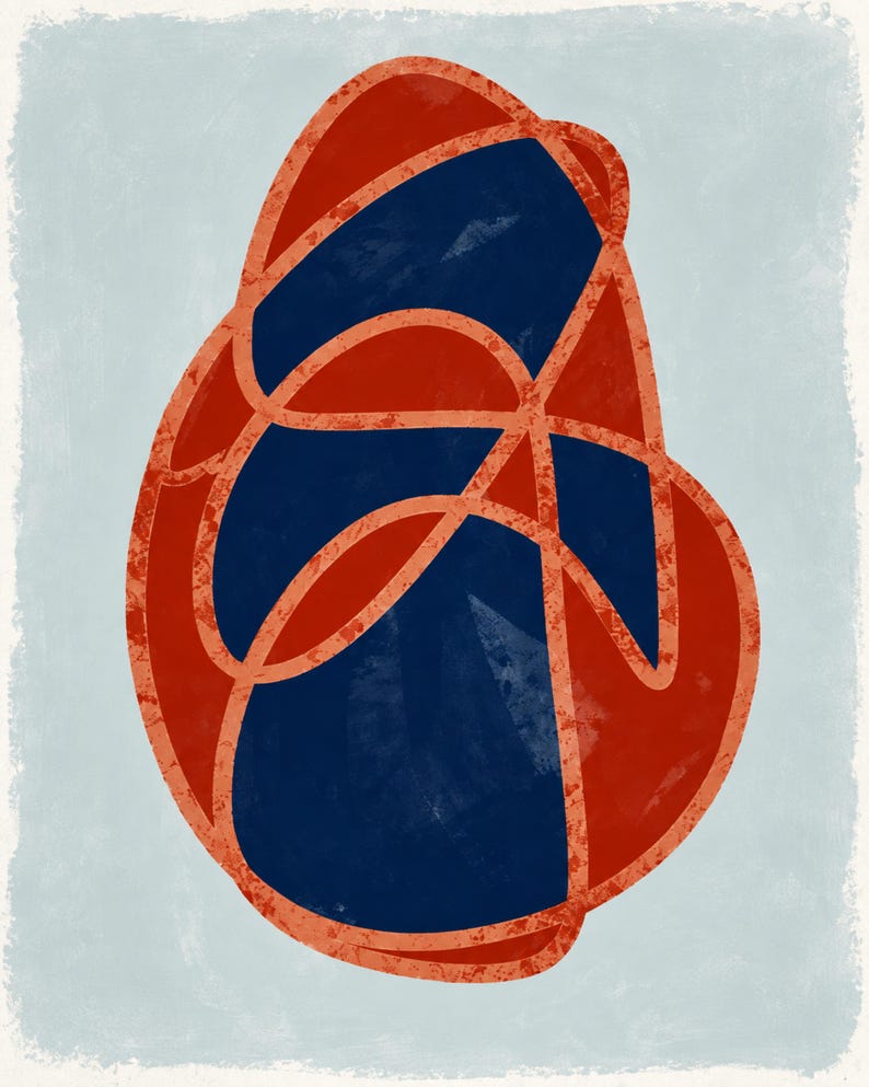 May include: A digital art print featuring an irregular, rounded shape composed of deep navy blue segments separated by a textured, burnt orange line pattern. The entire central form is set against a solid, pale gray-blue rectangular background.