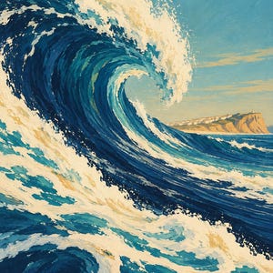 May include: A painting of a large, curling ocean wave in shades of deep blue, turquoise, and white foam. In the background, a distant coastline features a sandy beach, a cliffside, and a small cluster of buildings under a clear, light blue sky.