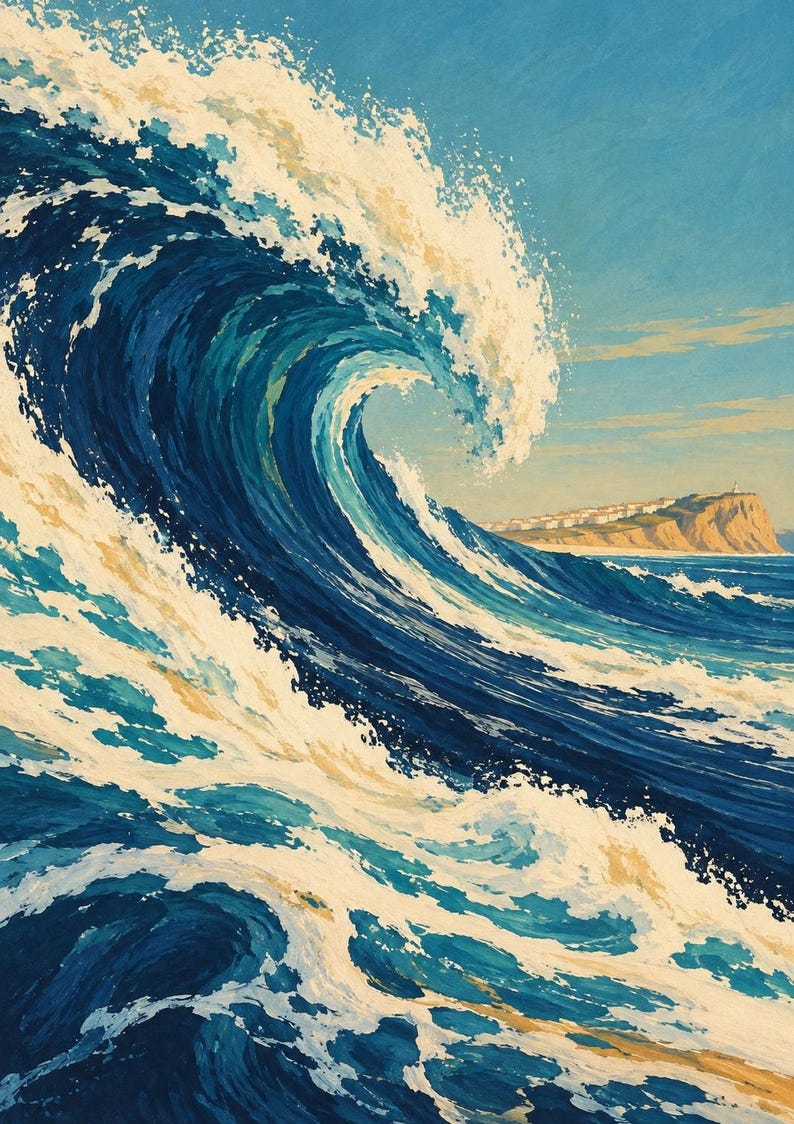 May include: A painting of a large, curling ocean wave in shades of deep blue, turquoise, and white foam. In the background, a distant coastline features a sandy beach, a cliffside, and a small cluster of buildings under a clear, light blue sky.