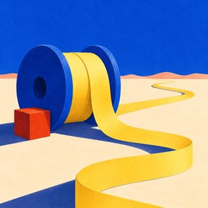 Op de afbeelding: Een grote blauwe spoel met geel lint staat op een beige ondergrond naast een kleine rode kubus. Het gele lint rolt af en strekt zich uit over het landschap naar de horizon, waardoor een kronkelend pad ontstaat tegen een blauwe lucht.