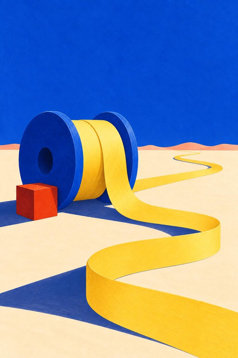 Op de afbeelding: Een grote blauwe spoel met geel lint staat op een beige ondergrond naast een kleine rode kubus. Het gele lint rolt af en strekt zich uit over het landschap naar de horizon, waardoor een kronkelend pad ontstaat tegen een blauwe lucht.
