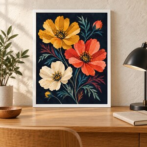 May include: A framed wall art print featuring a botanical illustration of three large cosmos flowers in yellow, orange, and cream against a dark navy blue background, accompanied by dark green and reddish foliage and small flower buds.