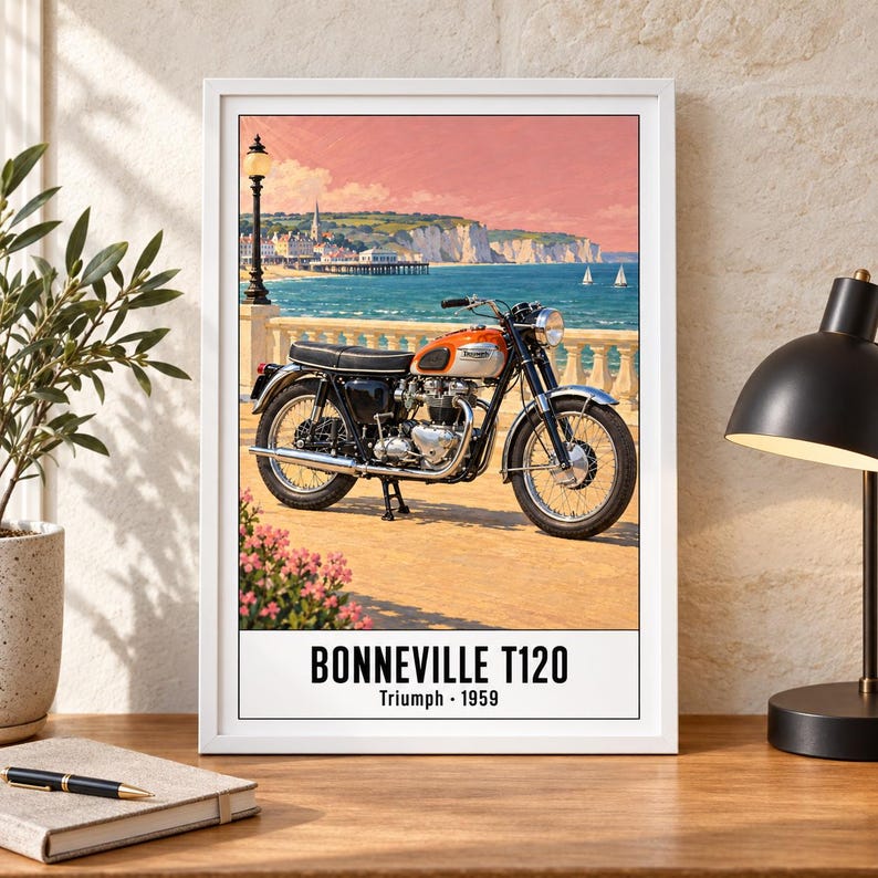 May include: A framed wall art print featuring a vintage orange and silver Triumph Bonneville T120 motorcycle parked on a coastal promenade. The text at the bottom reads BONNEVILLE T120 Triumph 1959. The background shows a seaside town and cliffs.