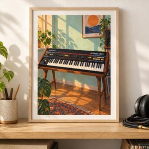 Może przedstawiać: Oprawiony wydruk artystyczny przedstawiający syntezator Roland JUNO-60 na drewnianym stojaku. Scena ukazuje instrument w nasłonecznionym pokoju z wzorzystym dywanem, oknem oraz obrazem na ścianie przedstawiającym słońce nad g&oacute;rami w ciepłym stylu.