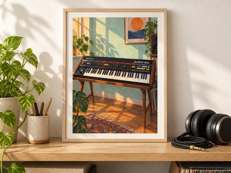 Może przedstawiać: Oprawiony wydruk artystyczny przedstawiający syntezator Roland JUNO-60 na drewnianym stojaku. Scena ukazuje instrument w nasłonecznionym pokoju z wzorzystym dywanem, oknem oraz obrazem na ścianie przedstawiającym słońce nad g&oacute;rami w ciepłym stylu.