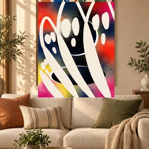 May include: A rectangular wall art print featuring a vibrant, spray-painted background with gradients of red, yellow, blue, and pink. Overlaid on the colorful base are bold, sweeping white brushstrokes and several solid white oval shapes.