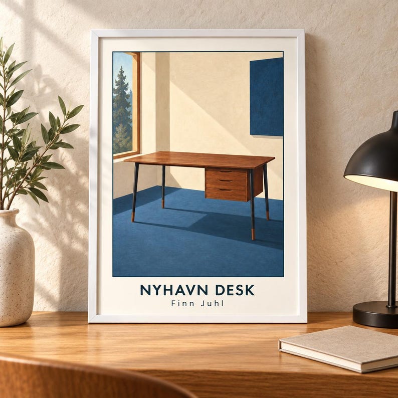 May include: A framed art print featuring a wooden desk with three drawers and dark legs set in a room with blue flooring and a window view of trees. The text NYHAVN DESK and Finn Juhl is printed at the bottom of the white-bordered illustration.