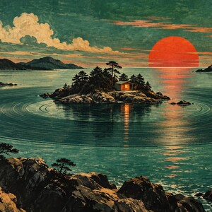 May include: A landscape illustration featuring a small island with a glowing cabin surrounded by circular ripples in dark teal water. A large, vibrant red sun sits on the horizon under a cloudy sky, with rocky shorelines in the foreground.
