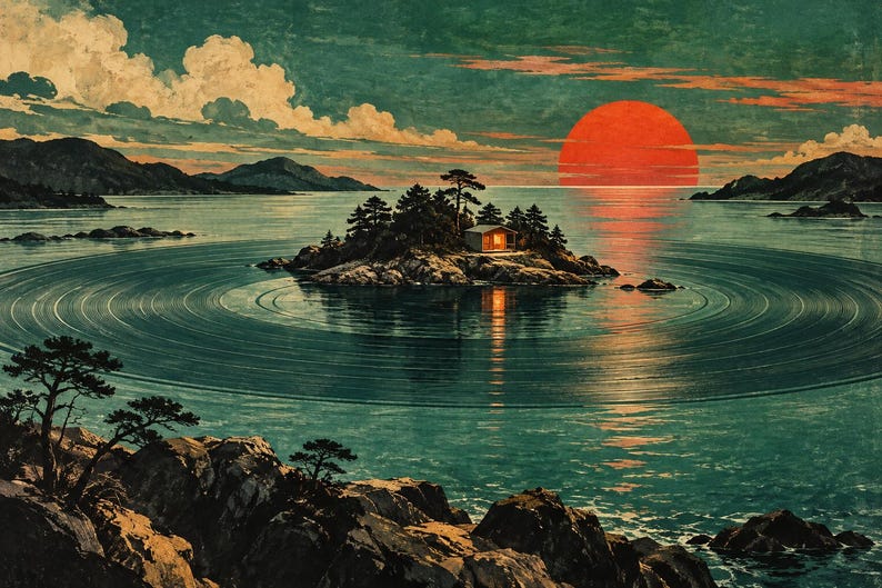 May include: A landscape illustration featuring a small island with a glowing cabin surrounded by circular ripples in dark teal water. A large, vibrant red sun sits on the horizon under a cloudy sky, with rocky shorelines in the foreground.