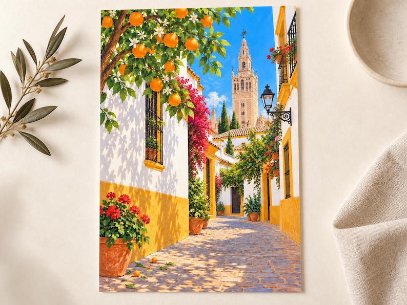 May include: A rectangular wall art print depicting a sunlit Mediterranean street scene with white buildings, yellow trim, and vibrant orange trees. A tall stone bell tower rises in the background under a clear blue sky, with terracotta pots of red flowers.