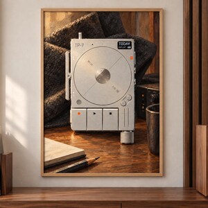 May include: A silver TP-7 field recorder featuring a circular central dial, three rectangular playback buttons, a side-mounted control knob, and a small screen displaying the text TODAY 0:01:37, presented as a framed wall art print.