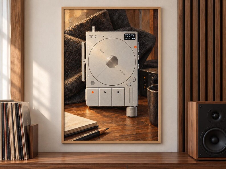 May include: A silver TP-7 field recorder featuring a circular central dial, three rectangular playback buttons, a side-mounted control knob, and a small screen displaying the text TODAY 0:01:37, presented as a framed wall art print.
