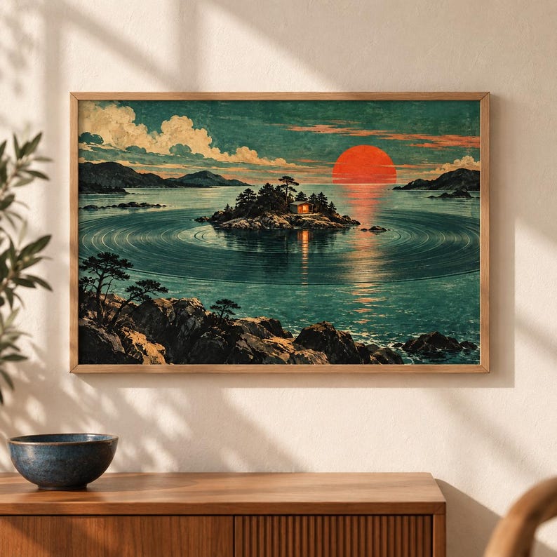 May include: A framed landscape print featuring a small island with a glowing cabin surrounded by concentric ripples in a dark teal sea. A large, vibrant red sun sits on the horizon under a sky filled with clouds, framed by rocky cliffs.