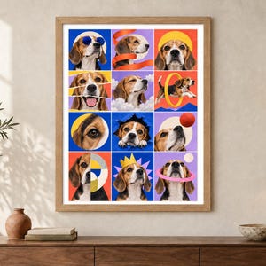 Puede incluir: Una impresi&oacute;n de arte mural enmarcada que presenta una cuadr&iacute;cula de doce paneles coloridos, cada uno mostrando un perro beagle en varias poses juguetonas, usando accesorios como gafas de sol y una corona, o interactuando con formas geom&eacute;tricas.