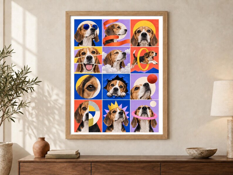 Puede incluir: Una impresi&oacute;n de arte mural enmarcada que presenta una cuadr&iacute;cula de doce paneles coloridos, cada uno mostrando un perro beagle en varias poses juguetonas, usando accesorios como gafas de sol y una corona, o interactuando con formas geom&eacute;tricas.