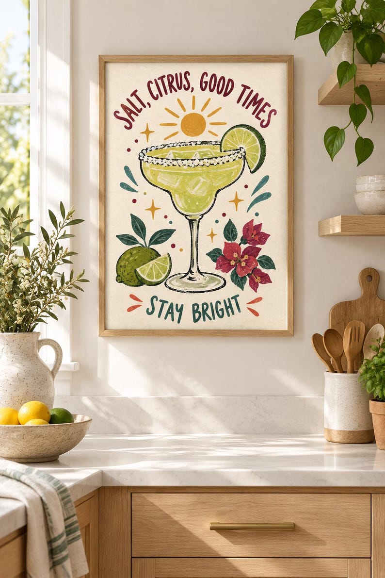 May include: A framed wall art print featuring a margarita in a glass with a salted rim, a lime wedge, and ice cubes. The text reads SALT, CITRUS, GOOD TIMES and STAY BRIGHT. The illustration includes a sun, lime fruit, and pink flowers.