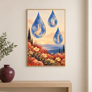 Puede incluir: Una impresi&oacute;n de arte mural enmarcada que representa un paisaje al atardecer con follaje rojo y flores amarillas en primer plano. Tres grandes gotas de agua azules y transl&uacute;cidas flotan arriba, conteniendo una escalera, un arco y una columna.