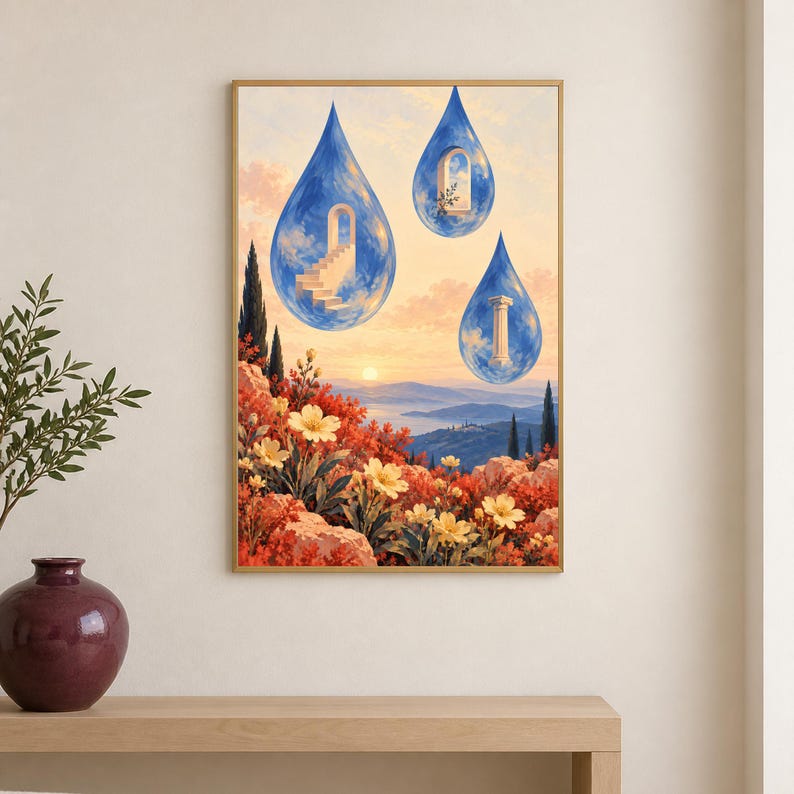 Puede incluir: Una impresi&oacute;n de arte mural enmarcada que representa un paisaje al atardecer con follaje rojo y flores amarillas en primer plano. Tres grandes gotas de agua azules y transl&uacute;cidas flotan arriba, conteniendo una escalera, un arco y una columna.
