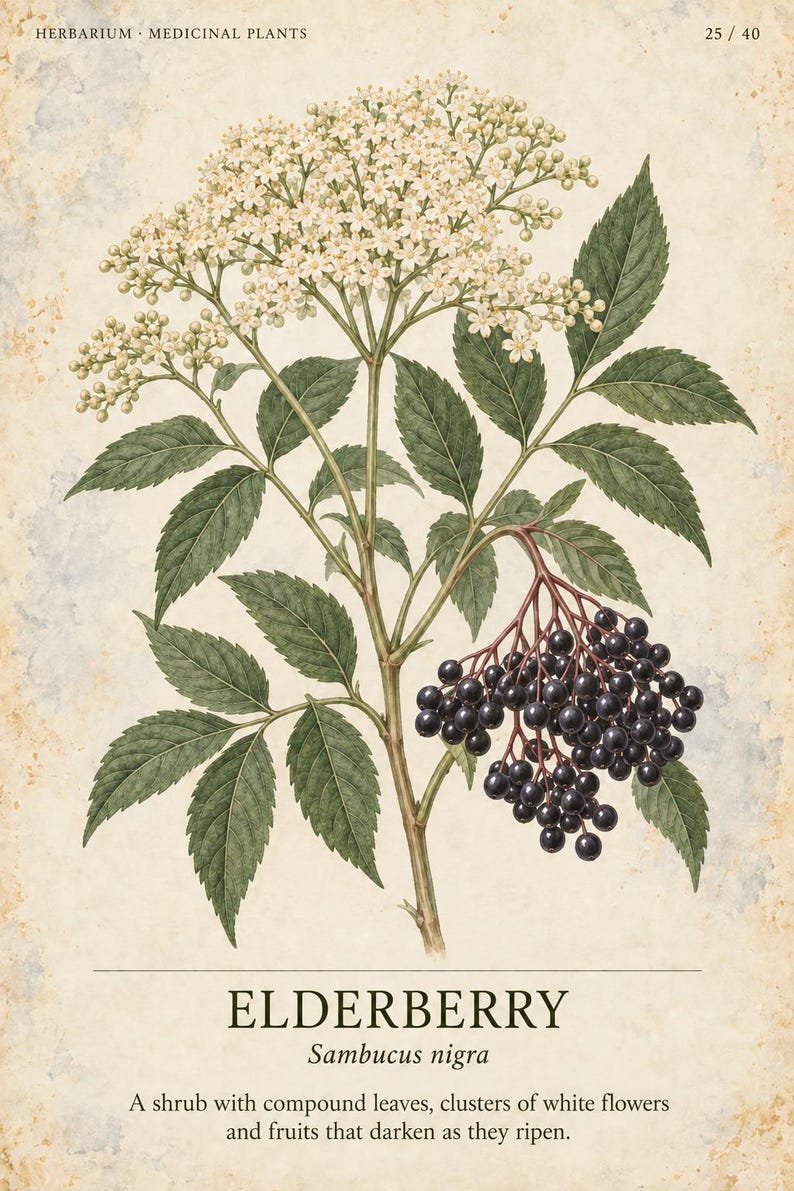 May include: A botanical illustration of an elderberry plant on a textured beige background. The image features green compound leaves, clusters of small white flowers, and dark purple berries. Text includes HERBARIUM MEDICINAL PLANTS 25/40, ELDERBERRY, Sambucus nigra, and a description of the shrub.